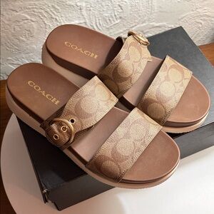 Coach Tan Brown Monogram Double-Strap Slide Sandals